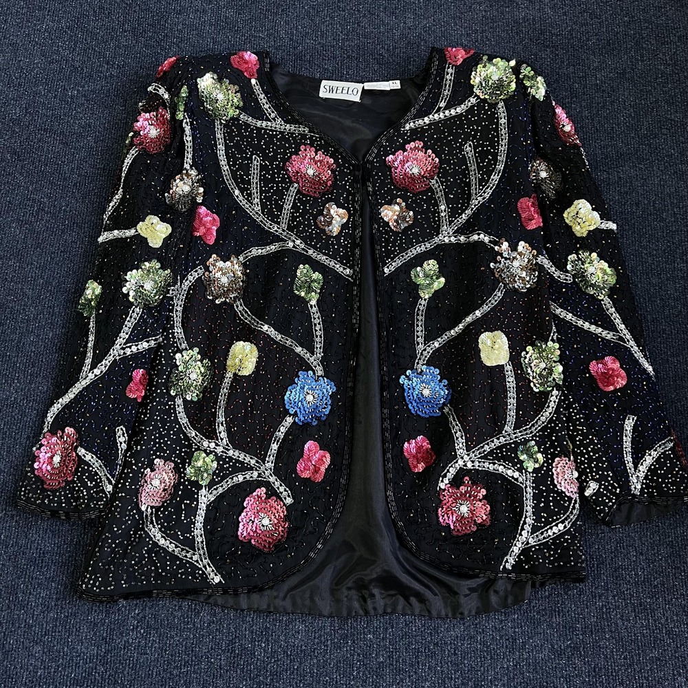 Sweelo Dressy Jacket Womens XL Black Silk Sequin Beaded‎ Floral Evening